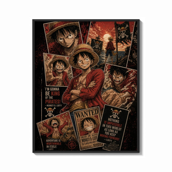 Framed Monkey D. Luffy anime character collage print shown as a bold statement piece on a clean gallery wall