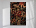 Monkey D. Luffy anime character collage poster in a slim frame on a bright wall with soft window light