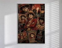 Monkey D. Luffy anime character collage poster in a slim frame on a bright wall with soft window light