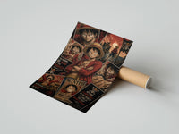 Rolled Monkey D. Luffy anime character collage poster beside its crush-resistant kraft shipping tube