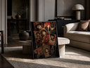 Monkey D. Luffy anime character collage print in a black frame leaning on a travertine table in a sunlit lounge