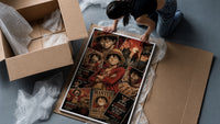 Monkey D. Luffy anime character collage framed print being unpacked from protective bubble wrap and a box