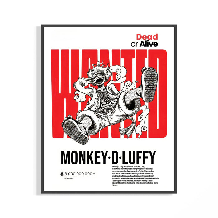 Monkey D. Luffy wanted poster hung unframed on a minimalist white wall above a desk