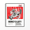 Framed Monkey D. Luffy Wanted Dead or Alive poster in black frame on minimalist white wall