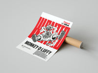 Luffy wanted print with bold red typography laid flat beside a shipping tube