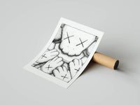 Monochrome KAWS XX face print detailing classic crosshatch line work and contrast