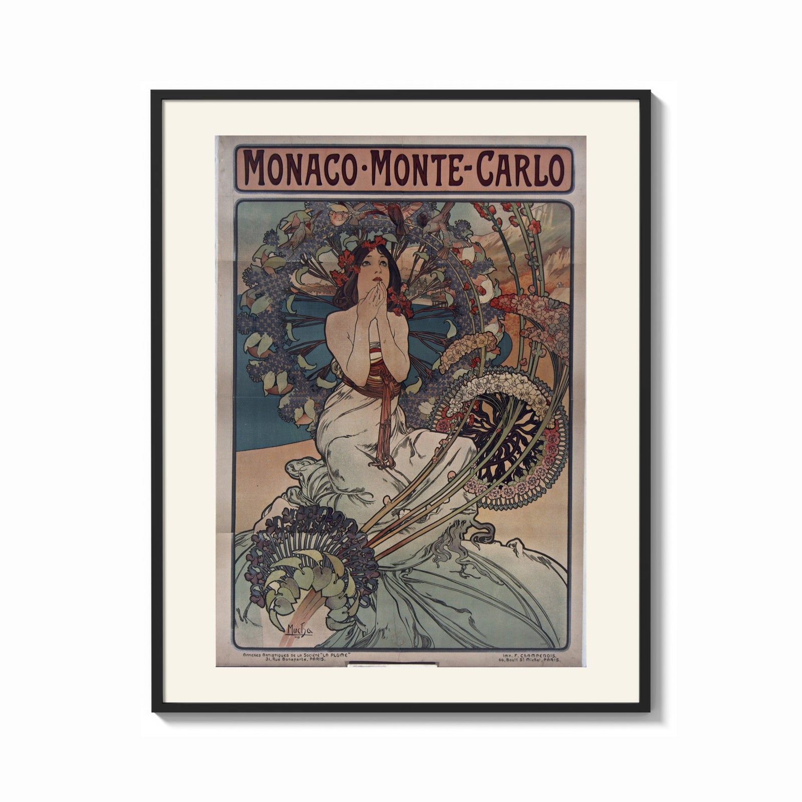 Framed Art Nouveau woman with flowers print shown as a bold statement piece on a clean gallery wall