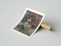 Rolled Art Nouveau woman with flowers poster beside its crush-resistant kraft shipping tube