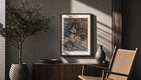 Art Nouveau woman with flowers poster framed above a fluted sideboard beside an olive tree