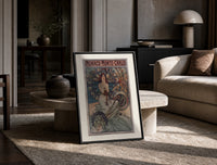 Art Nouveau woman with flowers print in a black frame leaning on a travertine table in a sunlit lounge