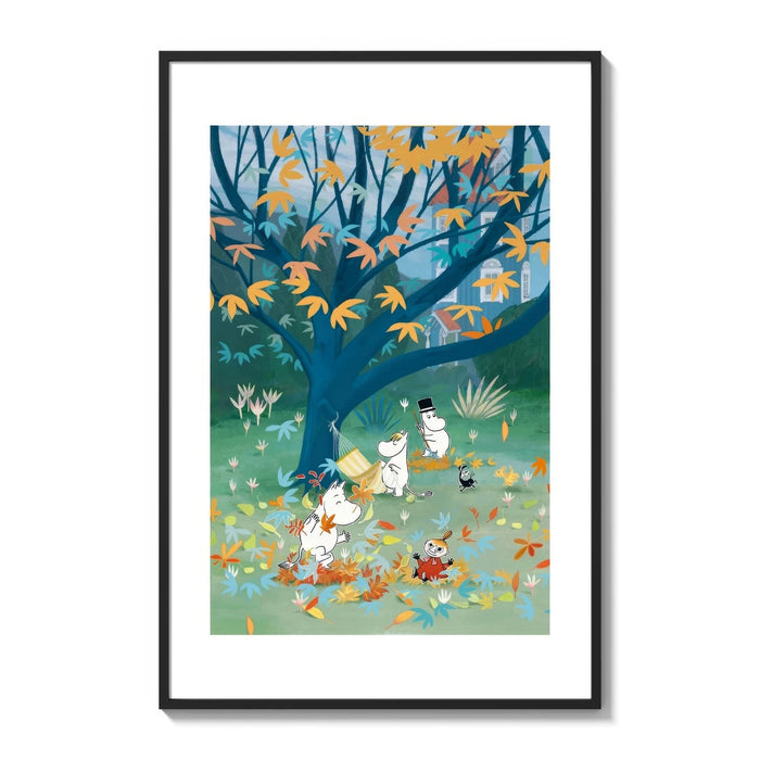Moomins playing under autumn tree with falling leaves poster framed on a white gallery wall