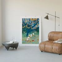 Moomins playing under autumn tree with falling leaves poster framed in a luxury living-room setting