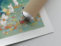 Matte paper-texture close-up of the Moomins playing under autumn tree with falling leaves print