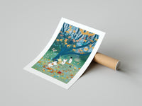 Moomins playing under autumn tree with falling leaves poster styled above furniture in a modern room