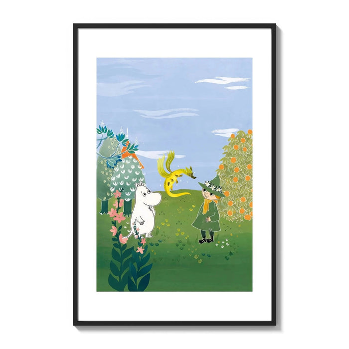 Moomin character with child in magical garden landscape poster framed on a white gallery wall