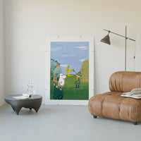 Moomin character with child in magical garden landscape poster framed in a luxury living-room setting