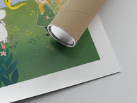 Matte paper-texture close-up of the Moomin character with child in magical garden landscape print