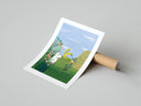 Moomin character with child in magical garden landscape poster styled above furniture in a modern room