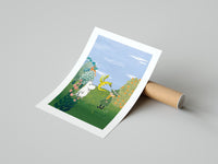 Moomin character with child in magical garden landscape poster styled above furniture in a modern room