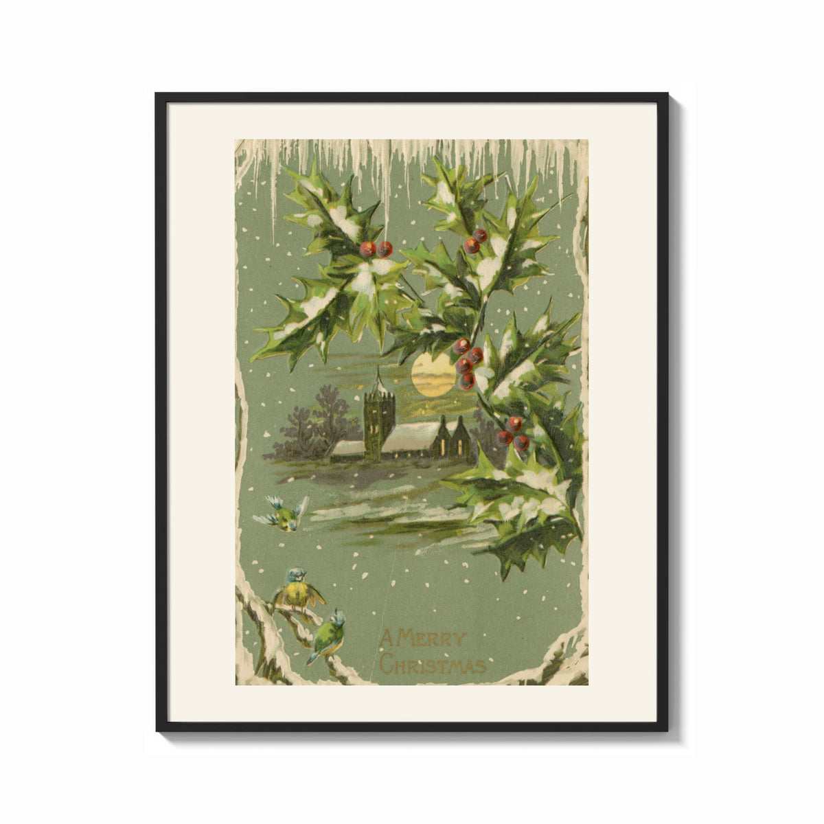 Framed Church A Merry Christmas print shown as a bold statement piece on a clean gallery wall