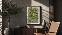 Church A Merry Christmas poster framed above a fluted sideboard beside a potted tree