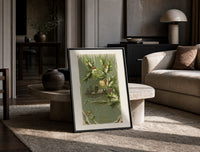 Church A Merry Christmas print on the floor, leaning against a travertine table