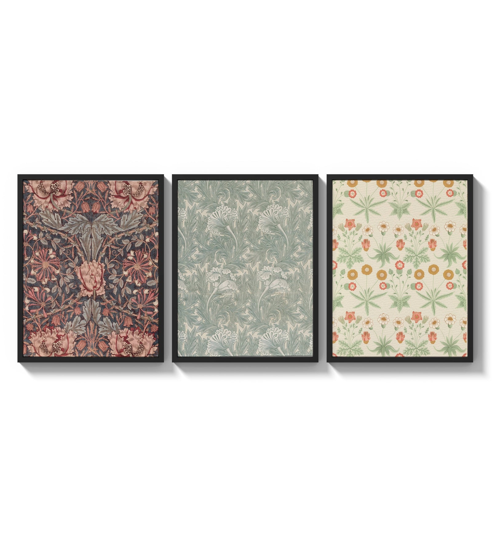Victorian floral wallpaper patterns triptych three-panel set arranged as a triptych on a bright gallery wall