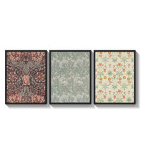 Victorian floral wallpaper patterns triptych three-panel set arranged as a triptych on a bright gallery wall