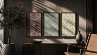 Victorian floral wallpaper patterns triptych triptych in three walnut frames above a sideboard in a warm room
