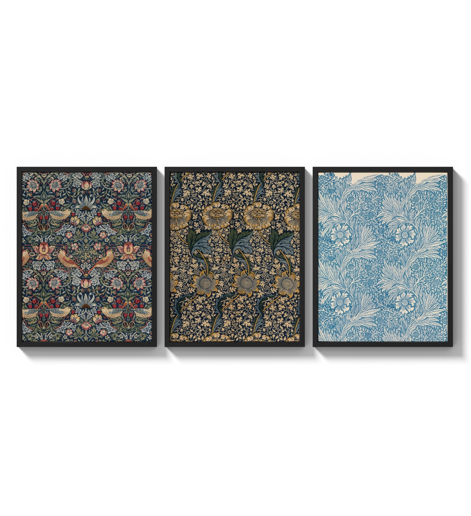 William Morris floral bird patterns three-panel set arranged as a triptych on a bright gallery wall