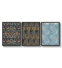 William Morris floral bird patterns three-panel set arranged as a triptych on a bright gallery wall
