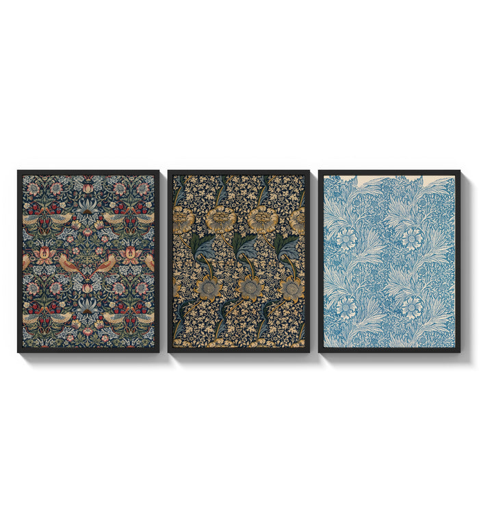 William Morris floral bird patterns three-panel set arranged as a triptych on a bright gallery wall