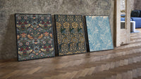 William Morris floral bird patterns three-piece set leaning on parquet beside a vintage loft door