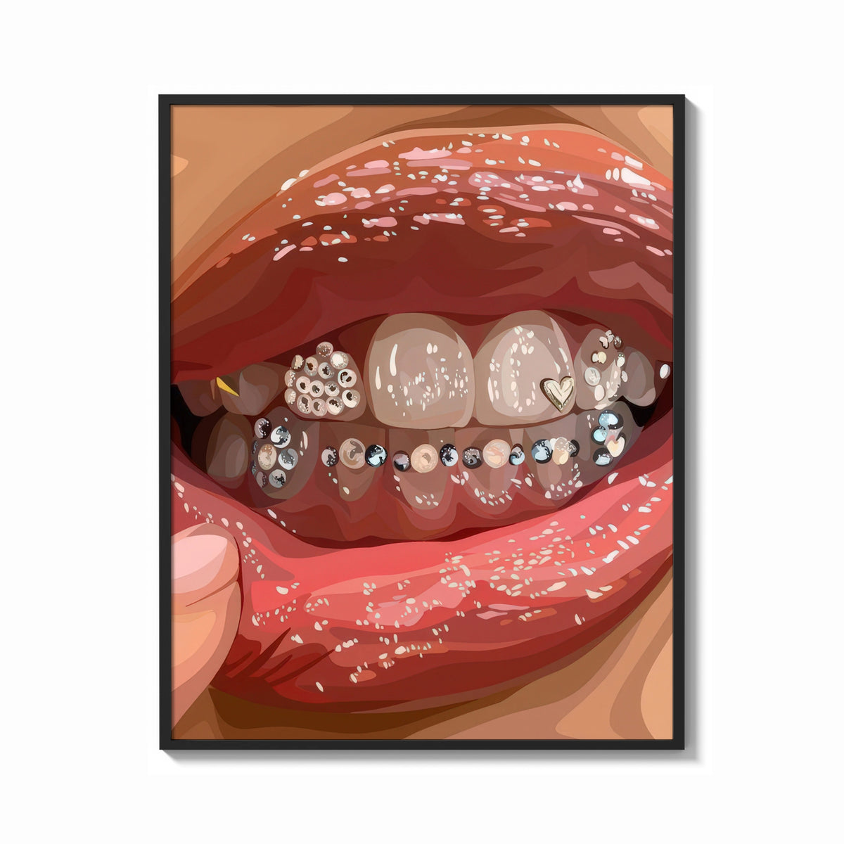 Framed Mouth with Heart Tooth Gems print shown as a bold statement piece on a clean gallery wall