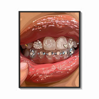 Framed Mouth with Heart Tooth Gems print shown as a bold statement piece on a clean gallery wall