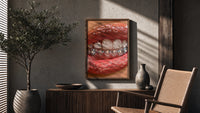 Mouth with Heart Tooth Gems poster framed above a fluted sideboard beside a potted tree