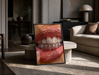 Mouth with Heart Tooth Gems print on the floor, leaning against a travertine table