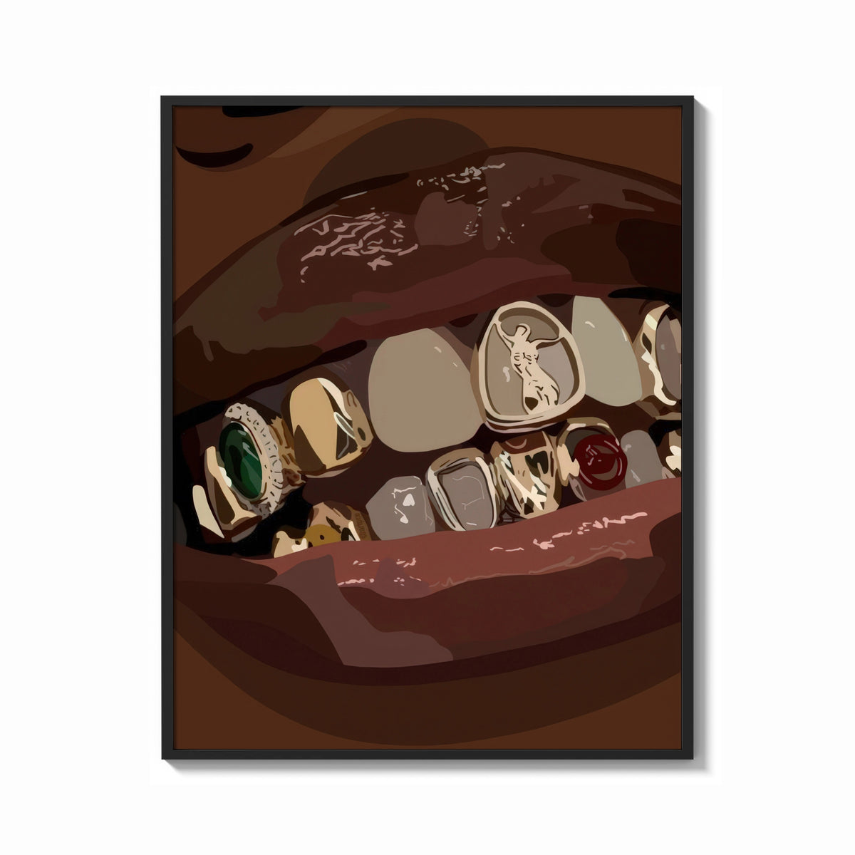 Framed Mouth with Jeweled Gold Grillz print shown as a bold statement piece on a clean gallery wall