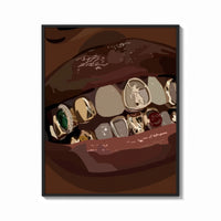 Framed Mouth with Jeweled Gold Grillz print shown as a bold statement piece on a clean gallery wall