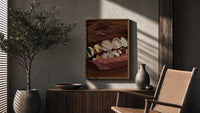 Mouth with Jeweled Gold Grillz poster framed above a fluted sideboard beside a potted tree