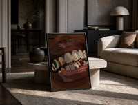 Mouth with Jeweled Gold Grillz print on the floor, leaning against a travertine table