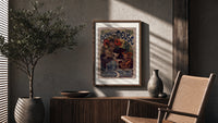 Woman drinking beer with poppies poster framed above a fluted sideboard beside an olive tree