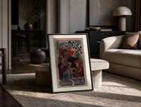 Woman drinking beer with poppies print in a black frame leaning on a travertine table in a sunlit lounge