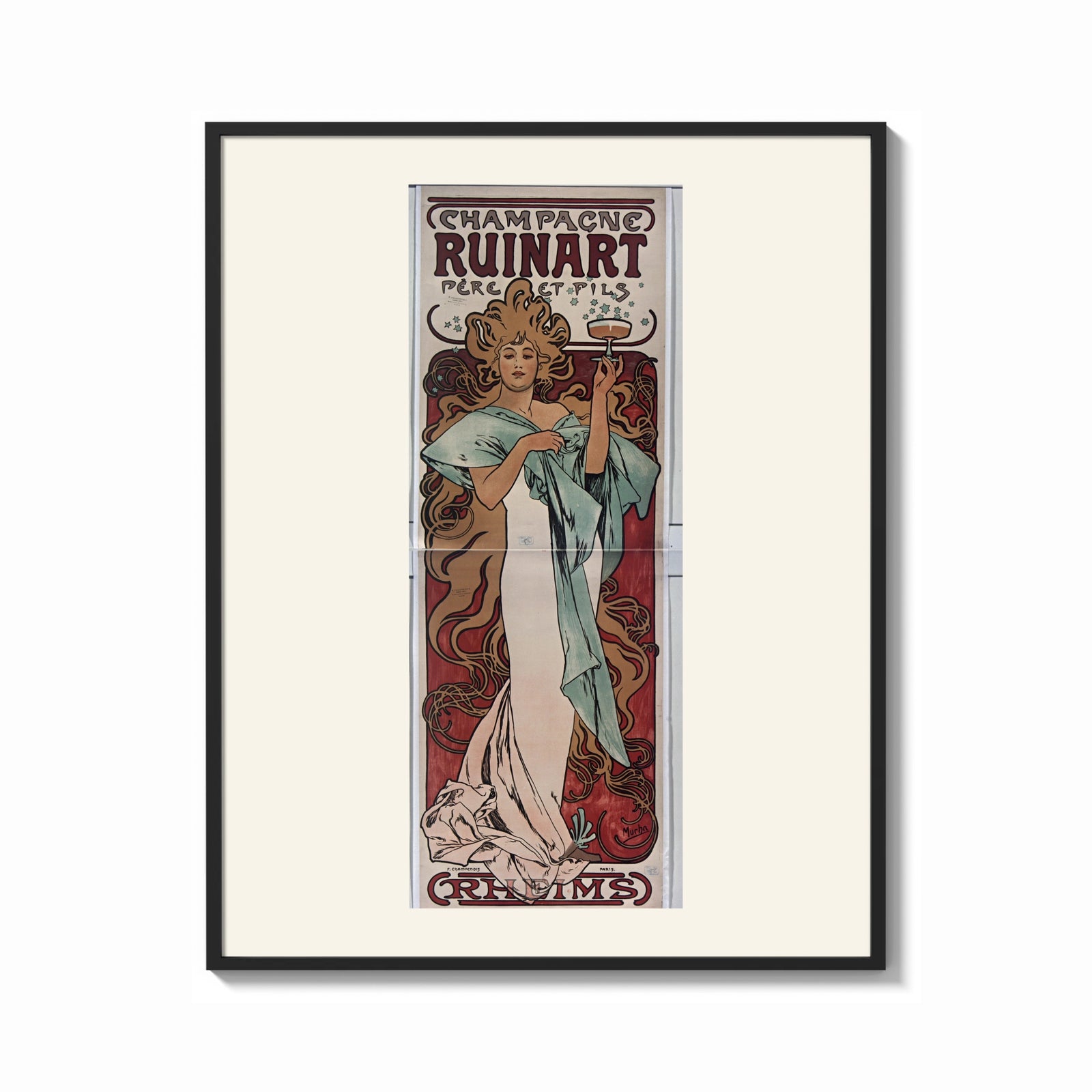 Framed Woman holding champagne glass print shown as a bold statement piece on a clean gallery wall