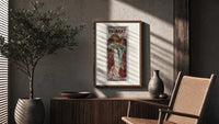 Woman holding champagne glass poster framed above a fluted sideboard beside an olive tree