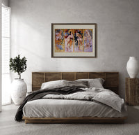 Four women representing the four seasons print in a dark wood frame above a rattan bed on a plaster wall