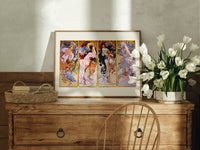 Four women representing the four seasons print in an oak frame on a farmhouse dresser beside white tulips