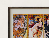 Close-up of the Four women representing the four seasons print's dark wood frame corner and archival matte paper