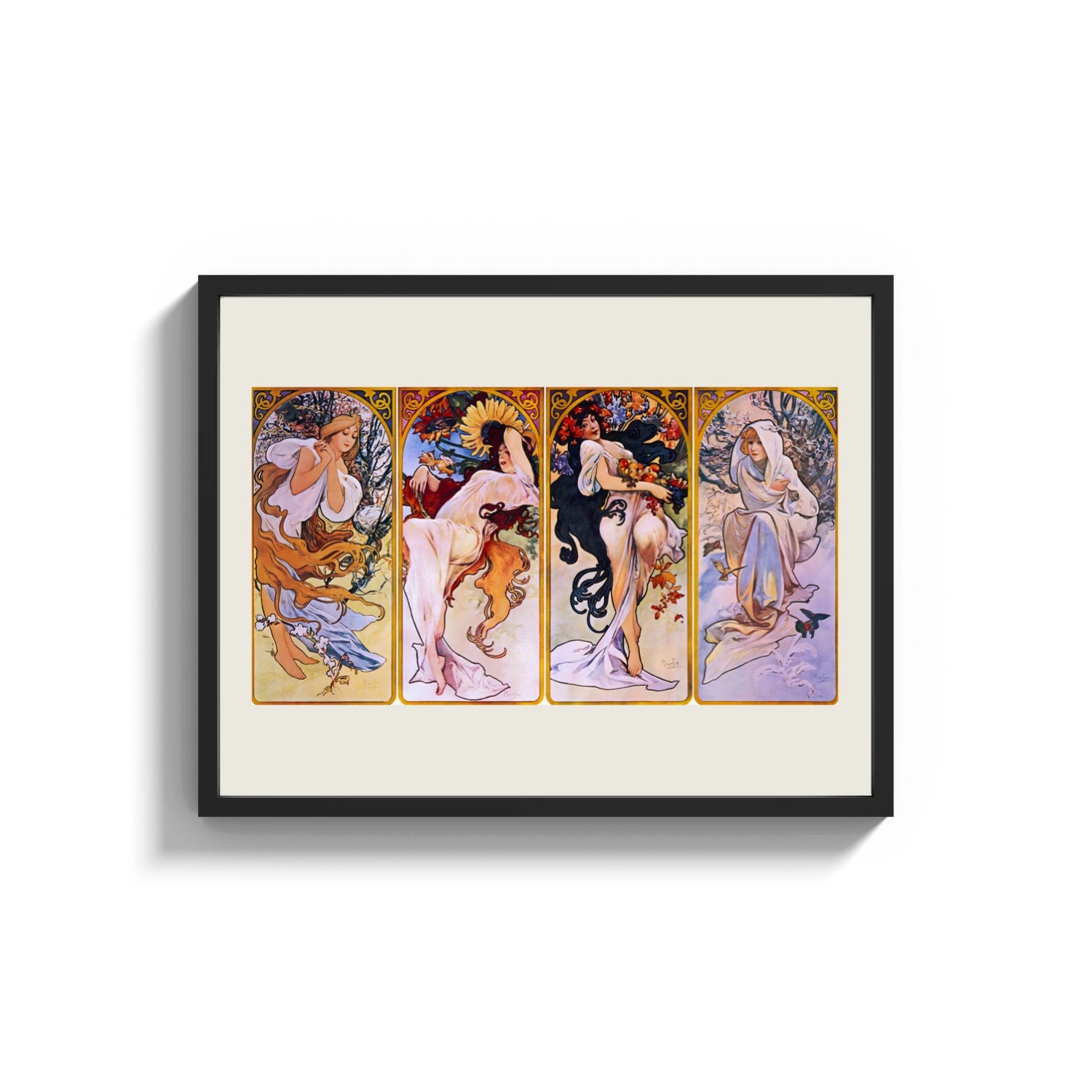 Framed Four women representing the four seasons print shown as a wide statement piece on a clean white wall