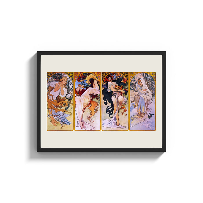 Framed Four women representing the four seasons print shown as a wide statement piece on a clean white wall